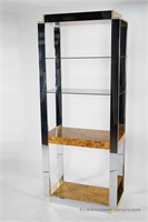 Chrome, Brass, and Burled Wood Etagere