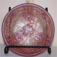 SIGNED PINK CARNIVAL GLASS BOWL WITH ROSES
