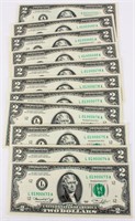 Coin 10 USA  $2 Notes Consecutive Serial Numbers