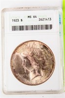 Coin 1923-P Peace Silver Dollar ANACS MS64
