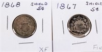 Coin 2 Shield Nickels High Grade 1868 & 1867