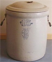 WHITE HALL 15 GALLON CROCK WITH LID. HAS A HAIR