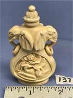 Ivory snuff bottle 3" tall carved with elephants,