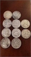 Ten Franklin Half Dollar Coins