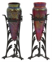 2 Austrian  Art Glass Vases in Bronze Frames