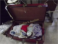 Red Steamer Trunk W/Vintage Clothing & Dresser Set