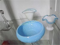 Fenton Blue Custard Glass Bowl & Ruffled Top Vases