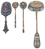 4 Russian Silver & Enamel Spoons