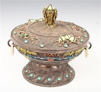 CHINESE SILVER ENAMEL & TURQUOISE LIDDED VESSEL