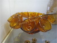 Mid-Century Amber Punch Bowl Cups And Ladle