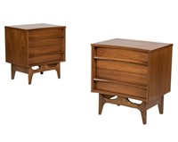 Pair Walnut Concave Front End Tables