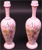 A pair of pink Bristol glass vases, 10" high,