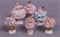 Six Dresden figurines including ballerinas,