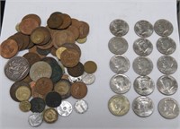 15 .50 pieces(variousdates)and misc. foreign coins