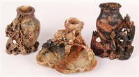 3 CHINESE CARVED SOFTSTONE PIECES--VASES & INKWELL