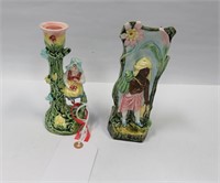Majolica candle holder and bud vase