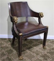 LEATHER & BRASS LION ARM CHAIR