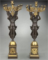 Pr. Empire style gilt and patinated bronze figural