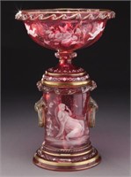 Enameled cranberry glass bowl and pedestal,
