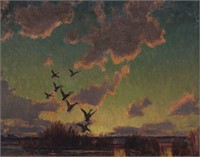 Reveau Bassett "Untitled (Ducks at sunset)" oil on