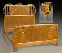 Continental Art Nouveau carved fruitwood bed