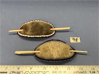 Lot of 2, oval shaped sealskin hair pins, beaded a