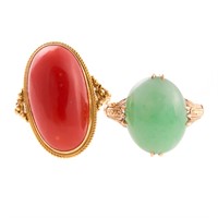 A Lady's Jade Ring & Coral Ring in Gold