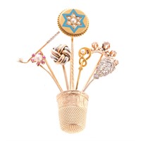 A Stick Pin Bouquet Brooch in 14K Gold