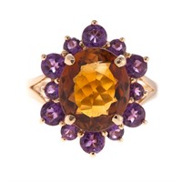 A Lady's Citrine and Amethyst Ring in 14K Gold