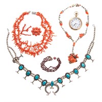 A Selection of Coral, Turquoise, & Garnet Jewelry