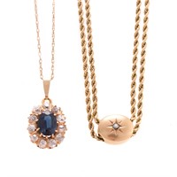 A Sapphire & Diamond Pendant and Slide Necklace