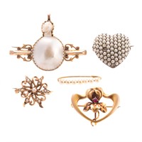 An Assortment of 5 Pearl Victorian Brooches