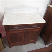Antique Walnut Marble Top Washstand w/Carved Pulls