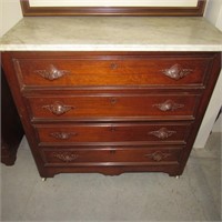 Antique Walnut Marble Top Chest w/Carved Pulls