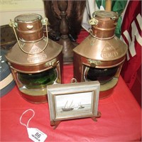 2 Copper & Brass Ship Lanterns +Mini Ship Painting