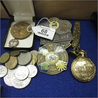 Lot of Foreign Coins, Pocket Knife, Pocket Watch+