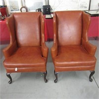 Pair Hickory Leather Wingback Chairs