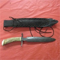 Large Stag Handle Bowie Style Knife in Sheath