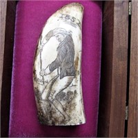 Dated 1852 faux Scrimshaw Whale Tooth in Case