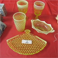 5 Pcs Vaseline Glass- Goblets, Hobnail & Etc