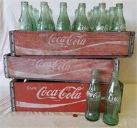 Lot of 3 Vintage Coca Cola Crates & 26 Bottles
