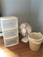 Fan, Wastebasket & Storage Drawers