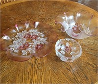 Pink Glass w Flowers Serving Dish & Bowls