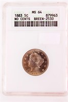 Coin 1883 Liberty No Cents Nickel ANACS MS64