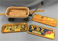Small children's wagon and 3 old fruit labels: DO