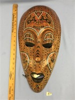 20" Carved and painted Indonesian wood mask inlaid
