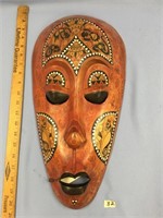 19" Carved and painted Indonesian wood mask inlaid