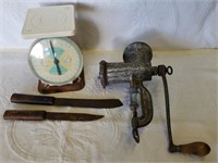 Antique Butcher Knives, Grinder & Baby Scale