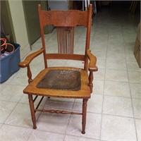 Antique Wooden Arm Chair with Leather Seat