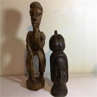 Two Figurines, Wood Standing Man, Wood Bust